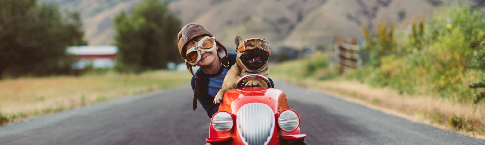 Boy with aviator goggles and dog in a toy car